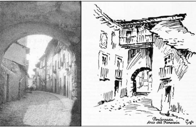 Postal y dibujo de Paco González del desaparecido Arco del Paraisín. CC