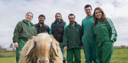 El científico asturiano Pablo Gutiérrez Toral junto al equipo de investigadores del Instituto de Ganadería de Montaña del CSIC en León y la oveja Chuchi.