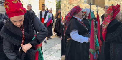 Una componente de Alegría Berciana muestra las prendas de su traje durante las fiestas de Bembibre