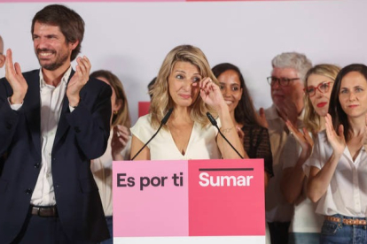 La candidata a la presidencia del Gobierno, Yolanda Díaz, durante su comparecencia en la sede de SUMAR en Madrid tras conocerse los resultados de las elecciones. KIKO HUESCA