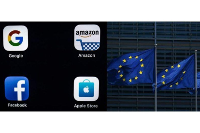 Banderas europeas junto a los logos de los principales gigantes de internet.
