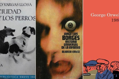 Primera edición de La ciudad y los perros (Mario Vargas Llosa, Seix Barral); la portada de Historia universal de la infamia, de Borges, obra de Daniel Gil (Alianza); y la de 1984, de George Orwell, en Destino.