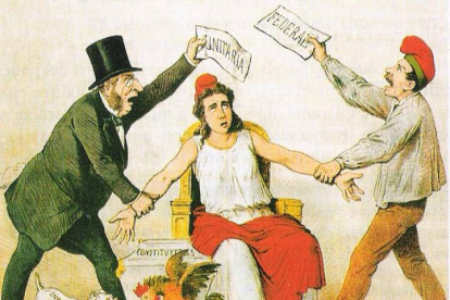 Viñeta de la revista satírica ‘La Flaca’ que refleja la pelea entre federalistas y centralistas. DL