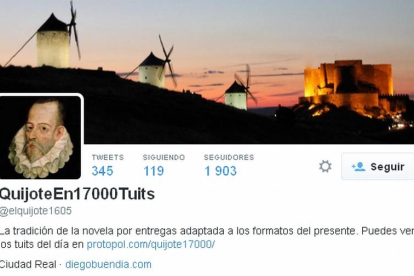 Perfil de Twitter en el que Diego Buendía está retatando El Quijote en 17000 tuits.