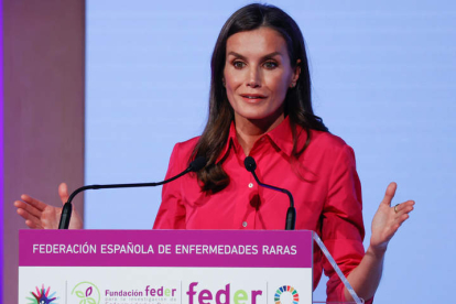 La reina, durante su discurso ayer en Santiago de Compostela en el acto del Día de las Enfermedades Raras. LAVANDEIRA JR