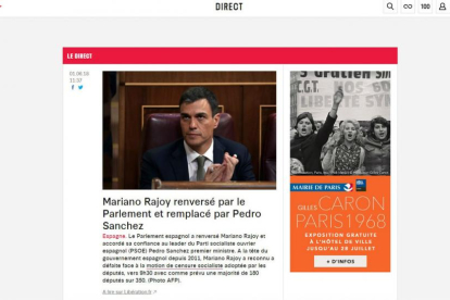 Portada web del diario francés Libération sobre la moción de censura a Mariano Rajoy.