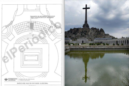 A la izquierda, uno de los planos de ejecución que manejan los técnicos de Patrimonio Nacional para exhumar a Franco. A la derecha, la Cruz de los Caídos, vista desde la abadía benedictina que la custodia.