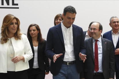 Susana Díaz, Pedro Sánchez y Miquel Iceta, en septiembre del 2015 en Madrid.