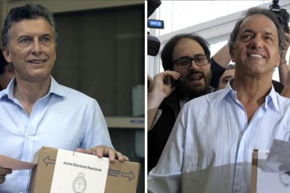 Fotomontaje con Macri (izquierda) y Scioli tras votar en Buenos Aires y Tigre, respectivamente, este domingo.