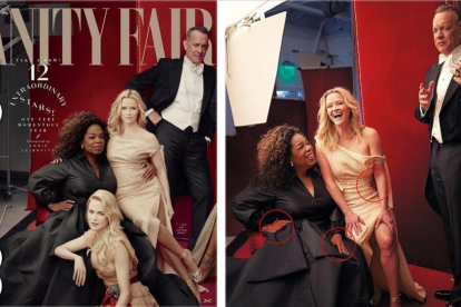Las polémicas fotos de Vanity Fair: a la izquierda, las tres piernas de la actriz Reese Witherspoon y la única de Zendaya. Al lado, tres manos de Oprah Winfrey