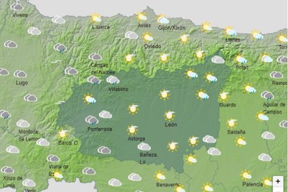 Mapa con la predicción de la Agencia Estatal de Meteorología con el estado del cielo para hoy en León. AEMET