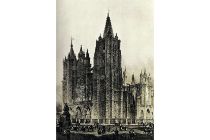 Dibujo de Parcerisa de la Catedral en 1870, antes de la restauración que evitó que se desplomara. La fuente de Neptuno estaba frente a la fachada principal.