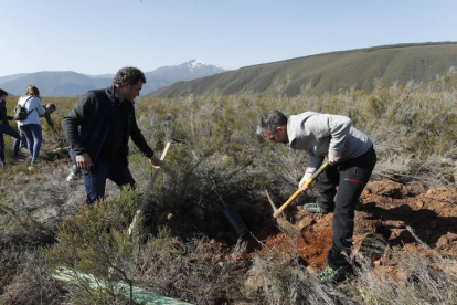 Dos voluntarios cavando una zanja. L. DE LA MATA