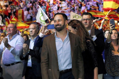 El presidente de Vox  Santiago Abascal durante el acto que la formacion celebra hoy en el Palacio de Vistalegre de Madrid.