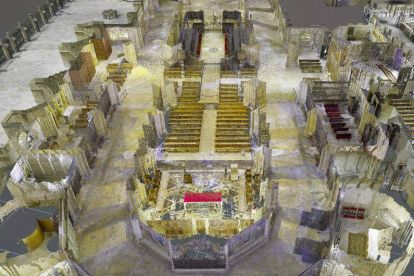 Uno de los cortes que permite ver una sección de la nave central de la Catedral, con el coro, los altares e incluso los bancos y oro mobiliario. PLAIN CONCEPTS
