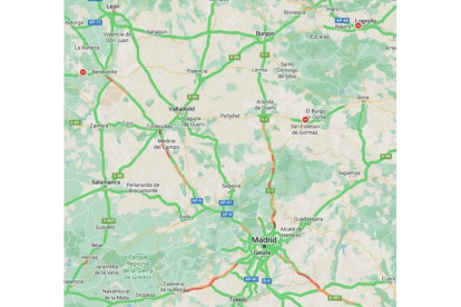 Situación de las carreteras afectadas en la tarde de este domingo. GOOGLE