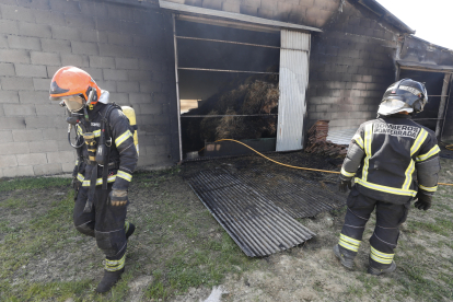 Los bomberos tratan de apagar el fuego en la paja. L. DE LA MATA