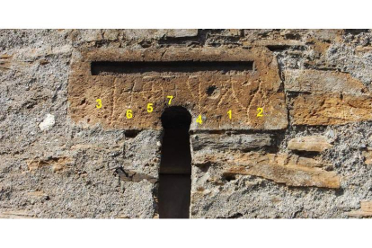 El petroglifo de Peñalba, con dos antropomorfos (números 1 y 2), dos ramiformes (3 y 4), un círculo solar (5) y dos cruces (6 y 7).