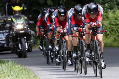 El equipo BMC vencedor de la contrarreloj por equipos disputada hoy en el Tour de Francia.
