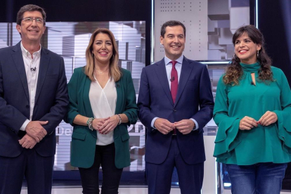 Los candidatos Juan Marín (Ciudadanos), Susana Díaz (PSOE), Juan Manuel Moreno (PP) y Teresa Rodríguez (Adelante Andalucía), el día 19, en un debate en Canal Sur.
