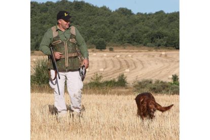 Un cazador, con su perro, durante una montería en la provincia de León.