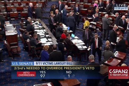 Captura de televisión del resultado de la votación en el Senado, contraria al veto de Obama, el miércoles.