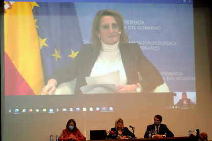 La ministra Teresa Ribera intervino en el acto celebrado en Fabero por videoconferencia. ANA F. BARREDO