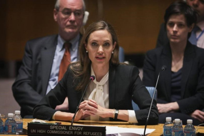 Angelina Jolie, en una de sus intervenciones en la ONU como enviada especial de ACNUR.