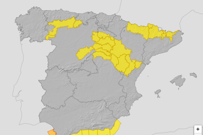 Mapa con las zonas en estado de aviso amarillo según la previsión de la Agencia Estatal de Meteorología. AEMET
