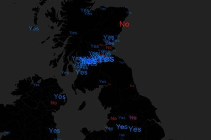 Mapa de las tendencias en Twitter con los 'tuits' favorables y en contra de la independencia de Escocia.