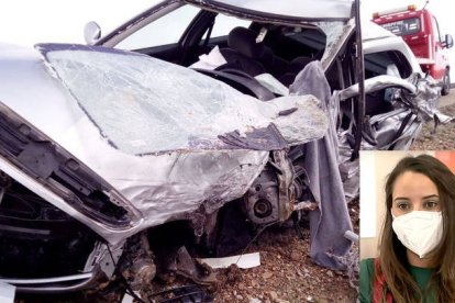 Estado en el que quedó el vehículo e imagen de la profesora fallecida. @BOMBEROSDIP_VLL | CYL7