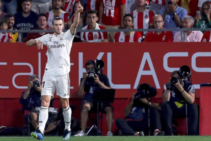 Bale celebra su gol en Montilivi que situaba momentáneamente al Real Madrid con una ventaja de dos goles en el marcador. FONTCUBERTA