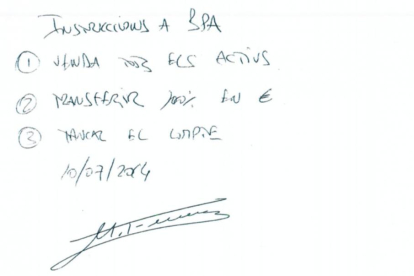 Manuscrito de Marta Ferrusola con "instrucciones" a la Banca Privada d'Andorra (BPA).
