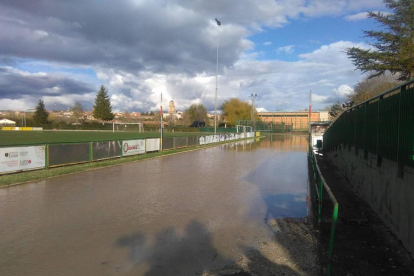 El agua del Cea inunda las instalaciones deportivas en Sahagún. Foto: ACACIO DÍAZ.