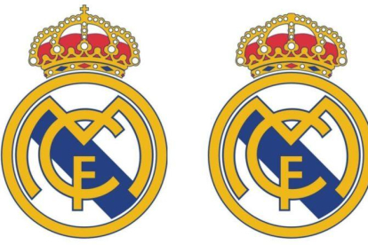 El escudo del Real Madrid y, a la derecha, con la cruz suprimida para venderla en países musulmanes.
