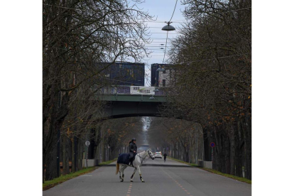 Vigilancia policial a caballo para hacer cumplir el confinamiento en Viena. CHRISTIAN BRUNA