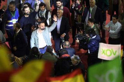 Santiago Abascal, a su llegada este sábado al acto electoral de VOX en Leganés, Madrid.