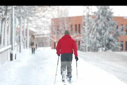 En Vitoria, la nieve caída en los últimos días ha provocado una capa de más de veinte centímetros de espesor. En la imagen, un hombre pasea con esquíes de travesía por el centro de la ciudad.