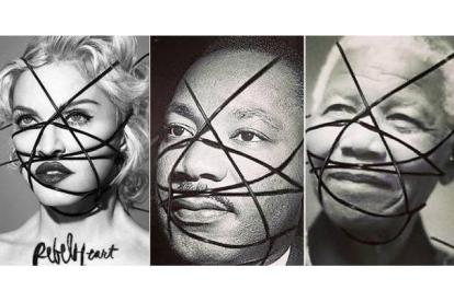 Montaje de la portada del disco de Madonna y las fotos manipuladas de Luther King y Mandela.