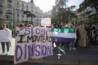 Un grupo de personas trans celebra la aprobación de la ley con la ministra Irene Montero a las puertas del Congreso. JAVIER LIZÓN