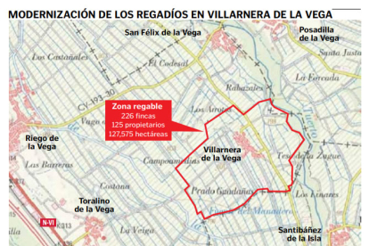 mapa  de detalle de la zona regable de Villarnera de la Vega