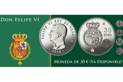 Moneda conmemorativa de 30 euros con la cara de Felipe VI.