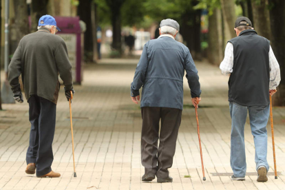 Tres personas mayores caminan por el paseo de La Condesa. L. DE LA MATA