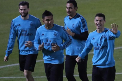 Nacho, Casemiro, Keylor Navas y Cristiano Ronaldo, en el entrenamiento del Madrid este jueves.