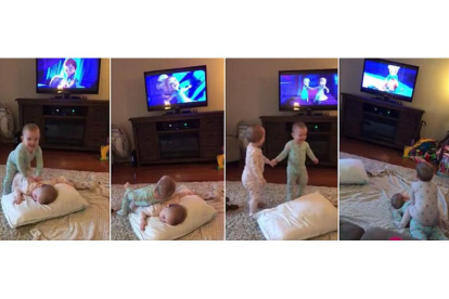 Imágenes de la escena en la que dos bebés recrean su escena favortia de 'Frozen'.