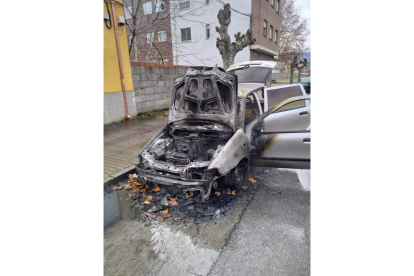 Estado en el que ha quedado el coche incendiado en la calle Jaén. DL