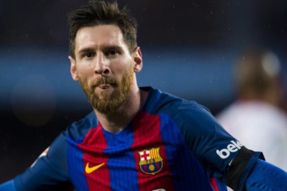 Messi celebra un gol en el último partido de Liga frente al Sevilla.