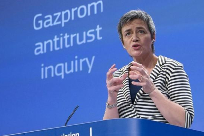 Vestager, en la rueda de prensa sobre Gazprom, este miércoles en Bruselas.