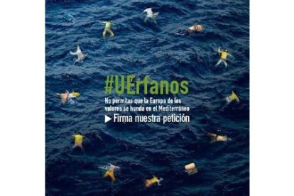 Imagen de la campaña #UErfanos en que las estrellas de la bandera de la UE son reemplazadas por inmigrantes ahogados.