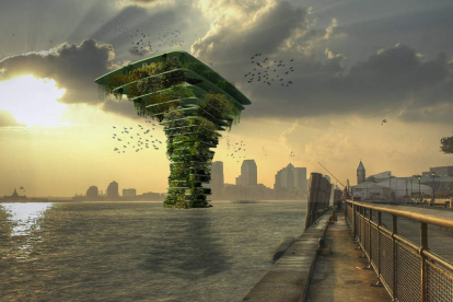 Una estructura vegetal flotante muy cercana a los altos edificios de una gran ciudad.